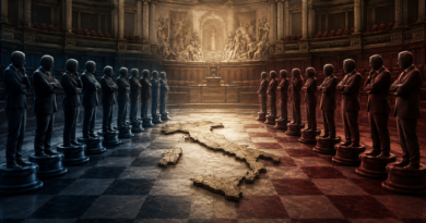 La politica italiana rappresentata come una partita tra schieramenti opposti, mentre il Paese resta imprigionato al centro.