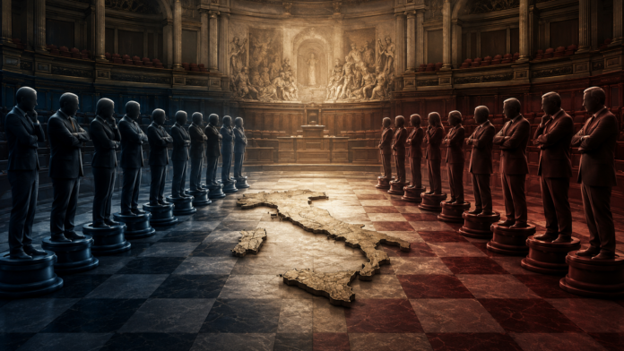 La politica italiana rappresentata come una partita tra schieramenti opposti, mentre il Paese resta imprigionato al centro.