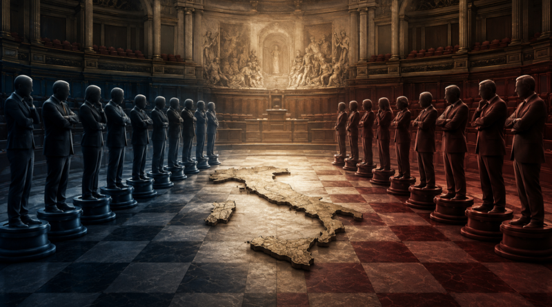 La politica italiana rappresentata come una partita tra schieramenti opposti, mentre il Paese resta imprigionato al centro.