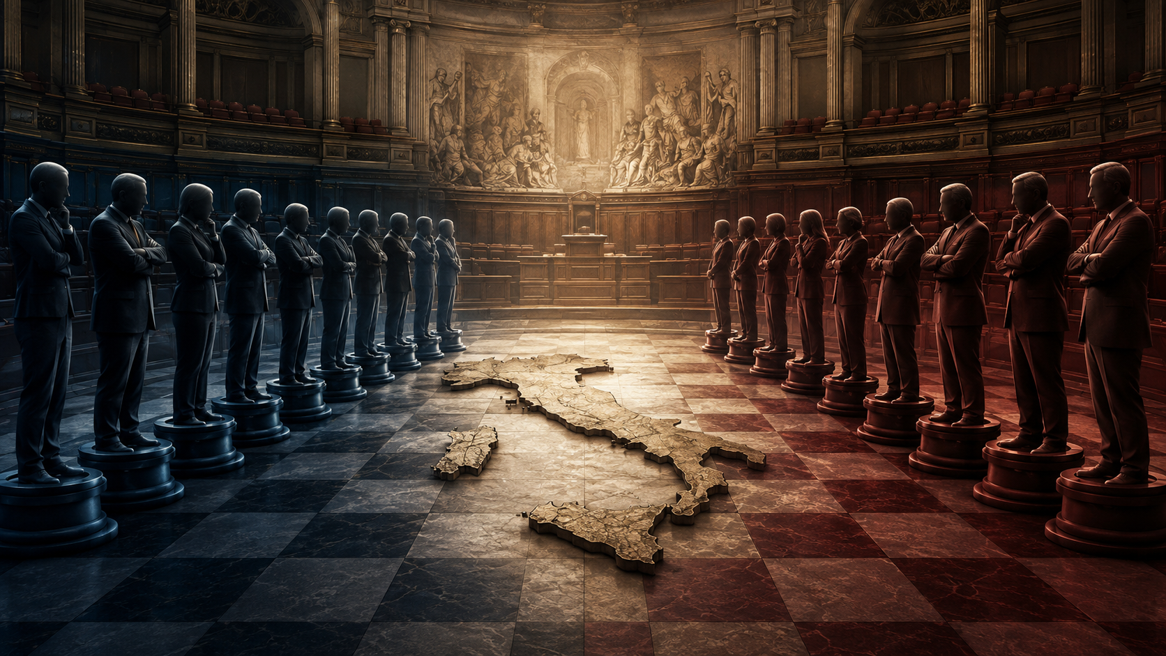 La politica italiana rappresentata come una partita tra schieramenti opposti, mentre il Paese resta imprigionato al centro.