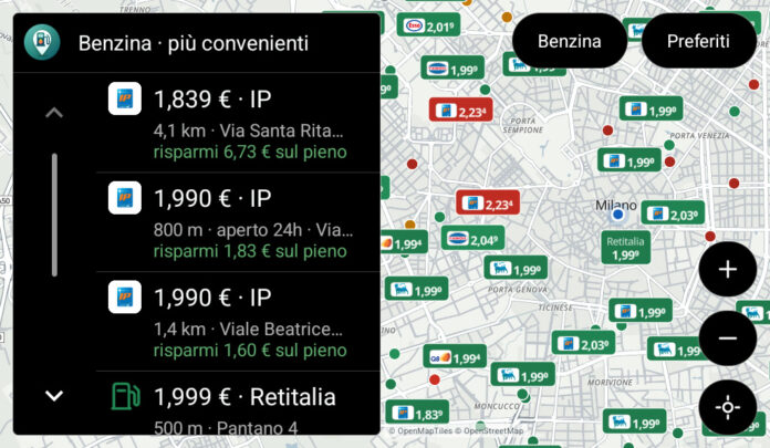 App PrezziCarburante: schermata dimostrativa della mappa su Android Auto