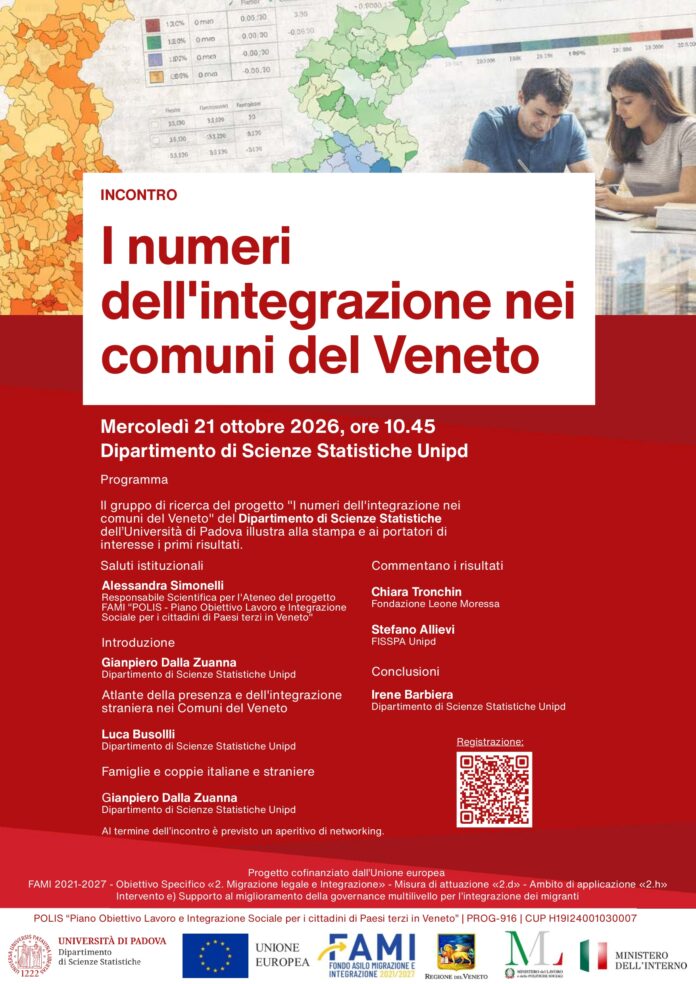 Locandina dell'incontro “I numeri dell'integrazione nei comuni del Veneto” del 21 ottobre 2026 all'Università di Padova
