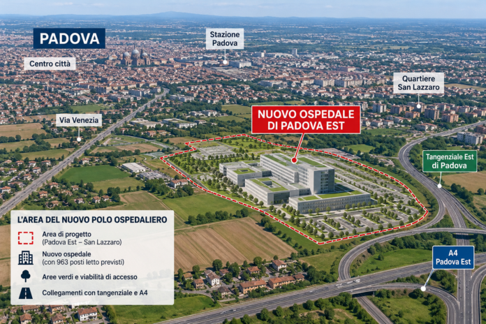Nuovo ospedale di Padova Est, ricostruzione grafica dell’area prevista a San Lazzaro.