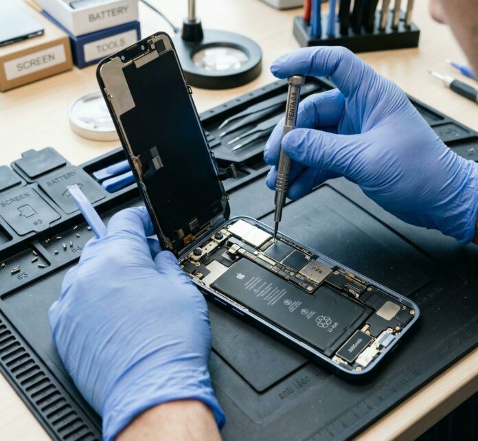 Diritto alla riparazione, tecnico al lavoro su uno smartphone aperto