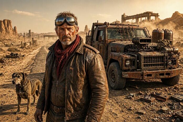 Mad Max: illustrazione di un uomo con occhiali protettivi, un cane e un veicolo in un paesaggio post-apocalittico