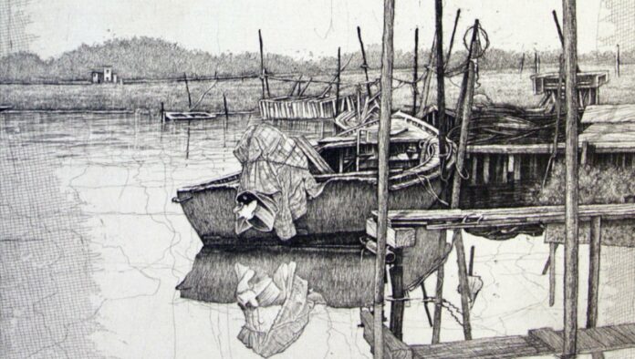 Livio Ceschin: dettaglio di un’incisione con barche e riflessi sull’acqua