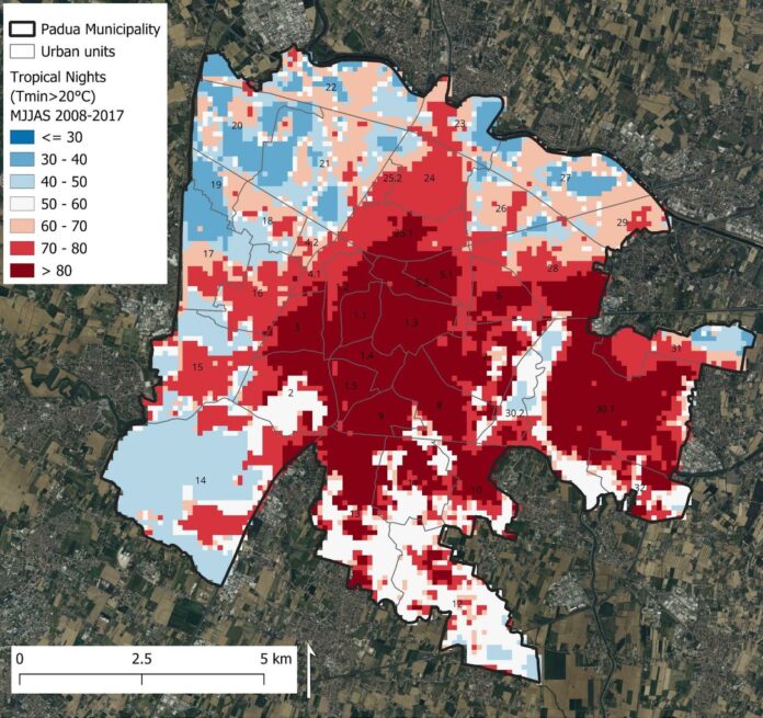 Notti tropicali a Padova: mappa del numero medio annuo tra maggio e settembre nel periodo 2008-2017